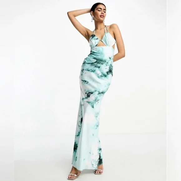 ASOS DESIGN satin cut out detail bust maxi dress in blue watercolor print |  US 4